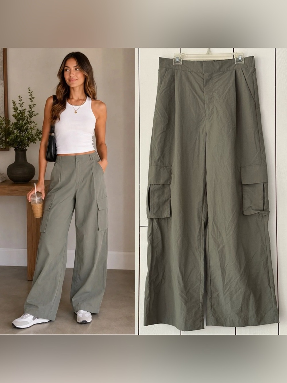 Wilo Parachute Fly Cargo Pant Large Olive Green NWT Wide Leg Nylon Pants